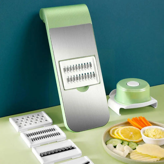 Premium 304 Stainless Steel Multifunctional Vegetable Cutter & Rotary Grater – 6-in-1 Manual Slicer & Shredder with Hand Guard