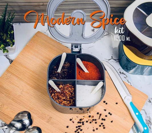 Modern 4-Grid Spice Organizer Box – 1000ml Large Capacity Seasoning Jar with Spoons