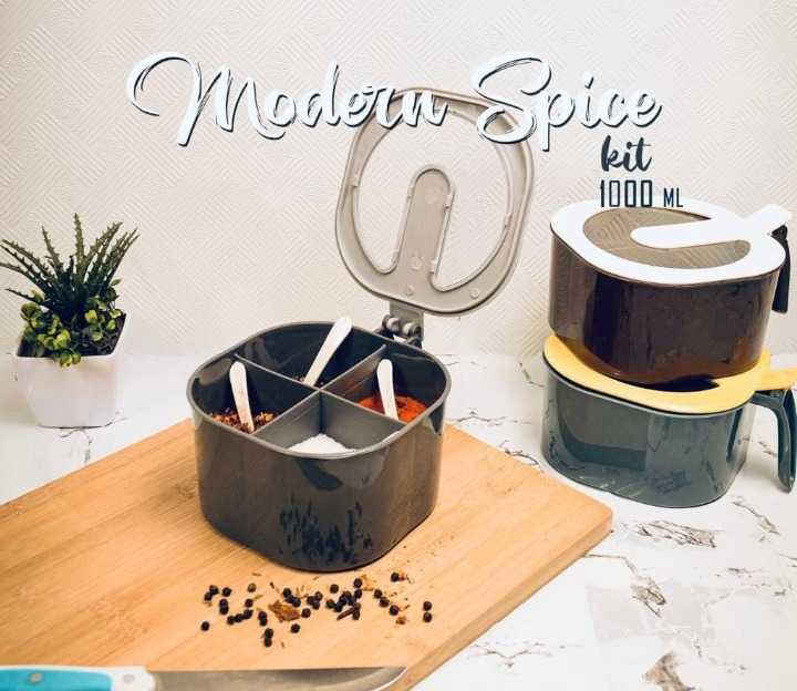 Modern 4-Grid Spice Organizer Box – 1000ml Large Capacity Seasoning Jar with Spoons