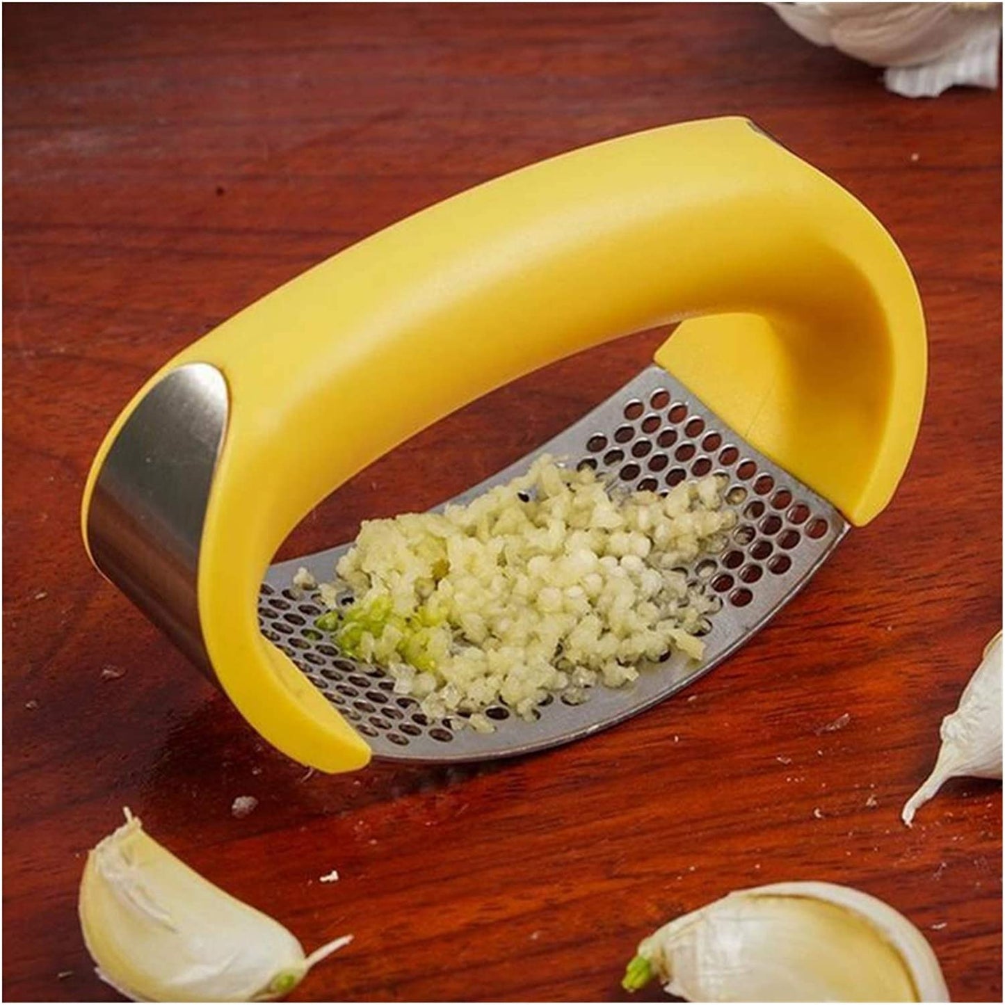 Premium Stainless Steel Garlic Press Rocker Set – Ergonomic Curved Manual Mincer with Silicone Garlic Peeler | Rust-Proof & Dishwasher Safe Ginger Crusher (Random Color)