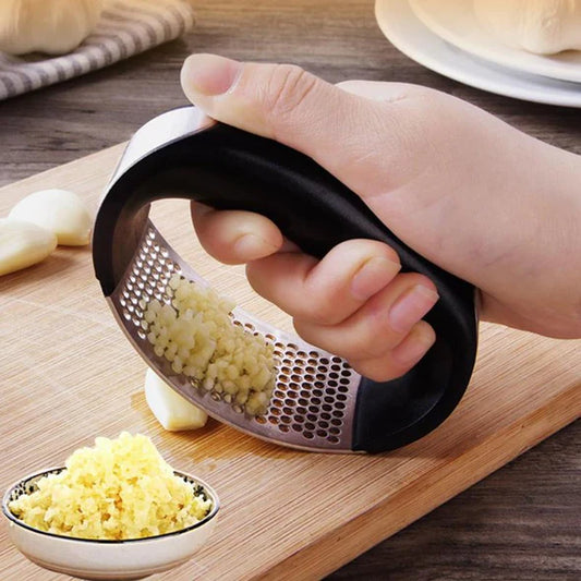 Premium Stainless Steel Garlic Press Rocker Set – Ergonomic Curved Manual Mincer with Silicone Garlic Peeler | Rust-Proof & Dishwasher Safe Ginger Crusher (Random Color)