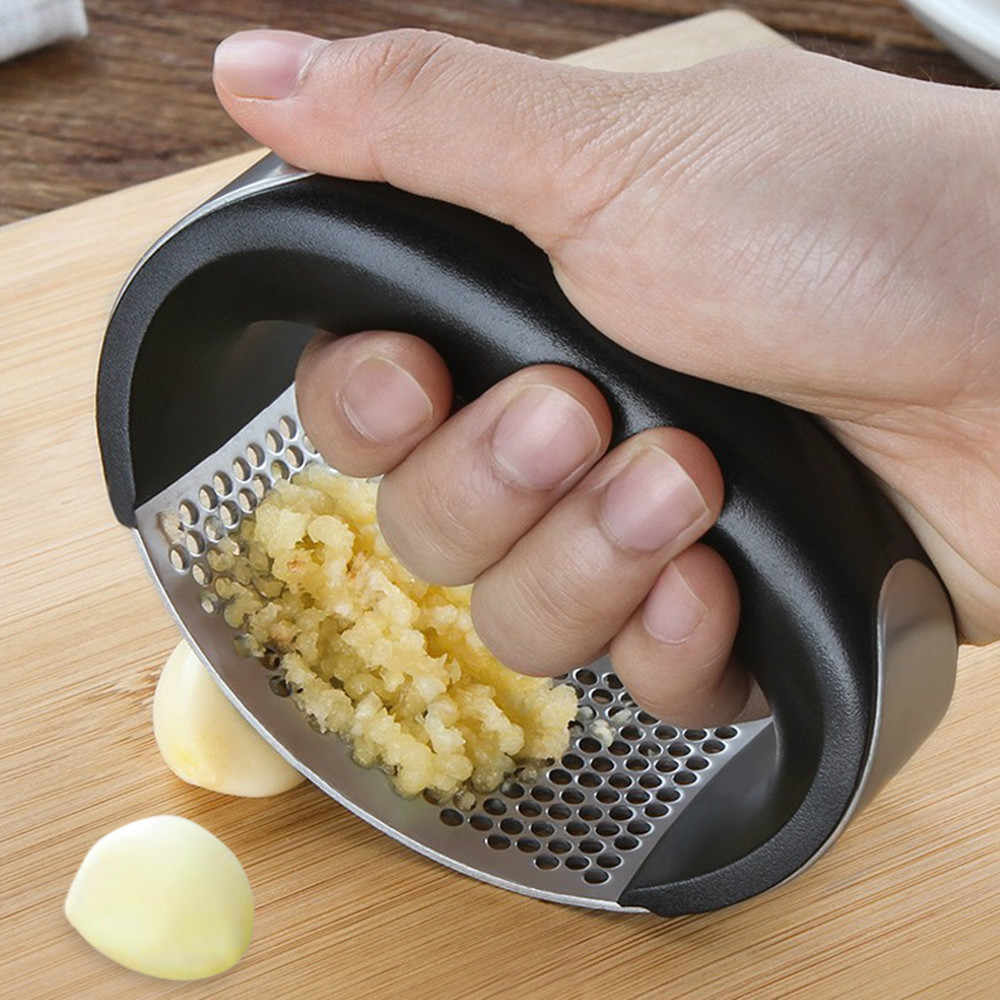Premium Stainless Steel Garlic Press Rocker Set – Ergonomic Curved Manual Mincer with Silicone Garlic Peeler | Rust-Proof & Dishwasher Safe Ginger Crusher (Random Color)