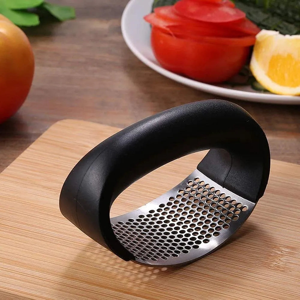Premium Stainless Steel Garlic Press Rocker Set – Ergonomic Curved Manual Mincer with Silicone Garlic Peeler | Rust-Proof & Dishwasher Safe Ginger Crusher (Random Color)