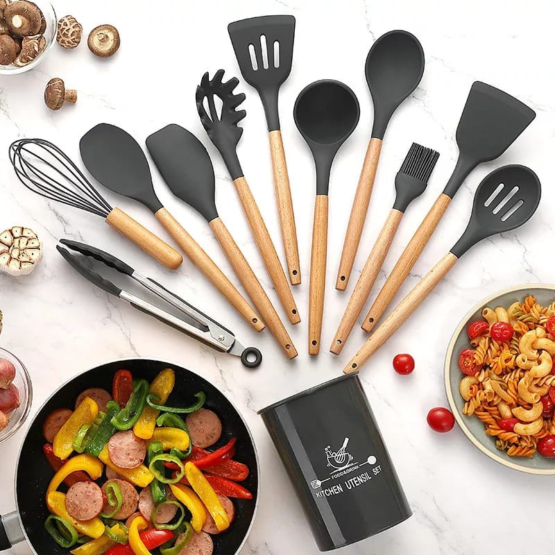 Premium 12-Pcs Silicone Kitchen Utensil Set – Heat-Resistant (Up to 230°C) Non-Stick Cooking Tools | Anti-Scald Wooden Handle Spatula & Spoon Set with Storage Bucket