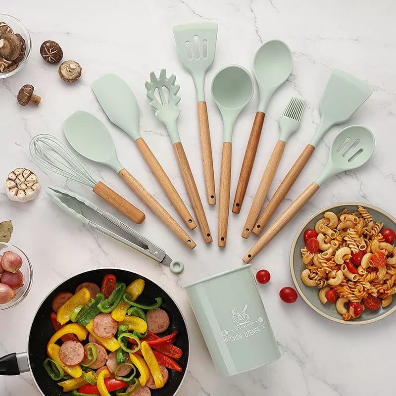 Premium 12-Pcs Silicone Kitchen Utensil Set – Heat-Resistant (Up to 230°C) Non-Stick Cooking Tools | Anti-Scald Wooden Handle Spatula & Spoon Set with Storage Bucket