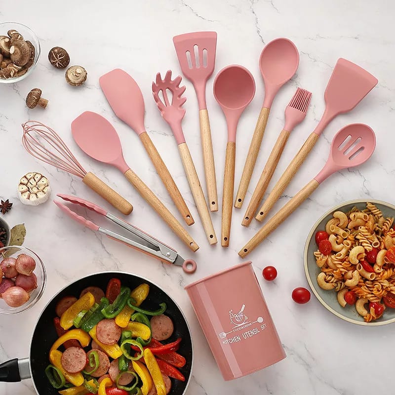 Premium 12-Pcs Silicone Kitchen Utensil Set – Heat-Resistant (Up to 230°C) Non-Stick Cooking Tools | Anti-Scald Wooden Handle Spatula & Spoon Set with Storage Bucket