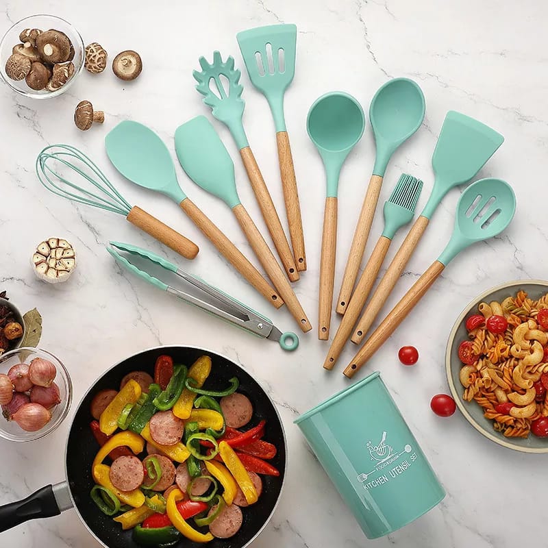Premium 12-Pcs Silicone Kitchen Utensil Set – Heat-Resistant (Up to 230°C) Non-Stick Cooking Tools | Anti-Scald Wooden Handle Spatula & Spoon Set with Storage Bucket