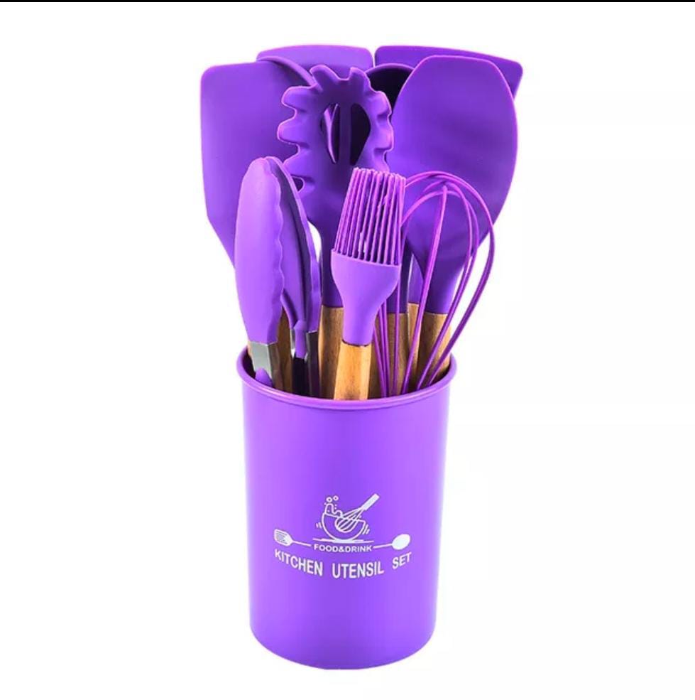 Premium 12-Pcs Silicone Kitchen Utensil Set – Heat-Resistant (Up to 230°C) Non-Stick Cooking Tools | Anti-Scald Wooden Handle Spatula & Spoon Set with Storage Bucket