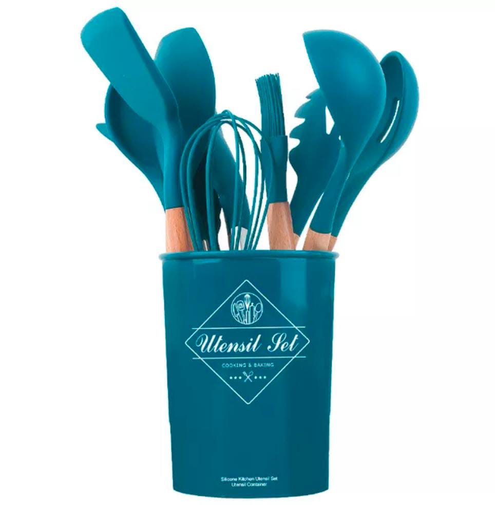 Premium 12-Pcs Silicone Kitchen Utensil Set – Heat-Resistant (Up to 230°C) Non-Stick Cooking Tools | Anti-Scald Wooden Handle Spatula & Spoon Set with Storage Bucket