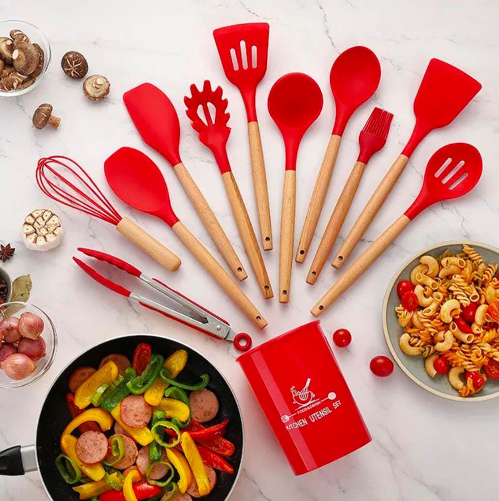 Premium 12-Pcs Silicone Kitchen Utensil Set – Heat-Resistant (Up to 230°C) Non-Stick Cooking Tools | Anti-Scald Wooden Handle Spatula & Spoon Set with Storage Bucket