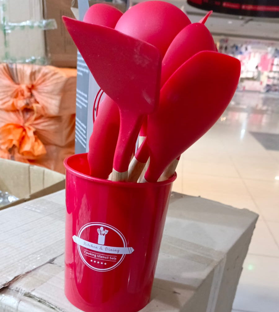 Premium 12-Pcs Silicone Kitchen Utensil Set – Heat-Resistant (Up to 230°C) Non-Stick Cooking Tools | Anti-Scald Wooden Handle Spatula & Spoon Set with Storage Bucket
