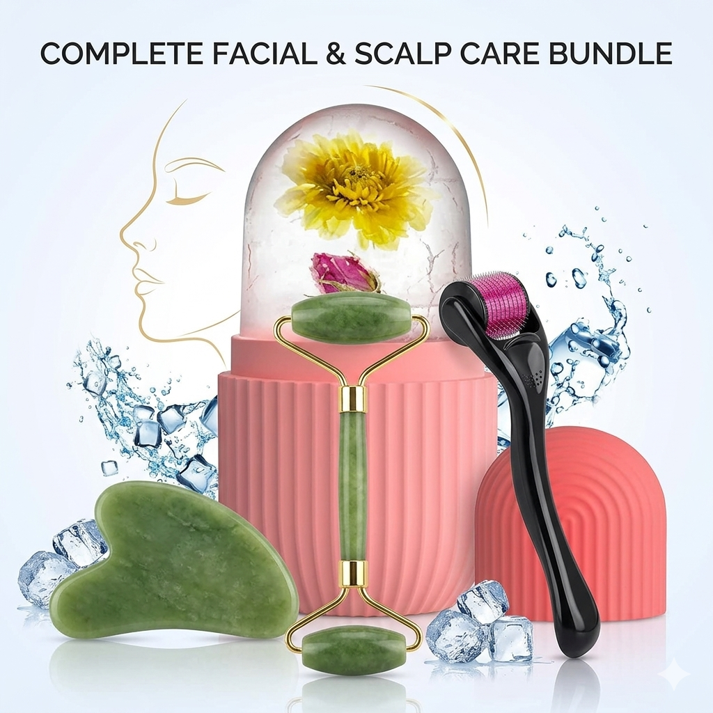 3-in-1 Ultimate Facial Transformation Kit – Marble Jade Roller, Revitalizing Ice Roller & Precision Derma Roller [Combo Pack]